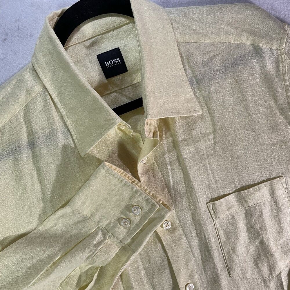 Hugo Boss Shirt Mens Large Yellow Pure Linen Button Up Regular Fit